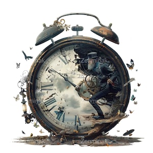 15 PNG Surreale Uhr mit Uniformiertem Mann drin - Fantasy Szene für Collage, Journals und Mixed Media Art