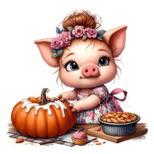 12 lindos lechones PNG clipart, cerdito con vestido floral con pastel de calabaza, cupcake y postre de otoño, arte de escena de repostería dulce