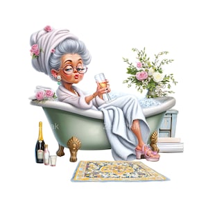 15 PNG Divertida anciana en la bañera PNG Clipart – Abuela glamurosa con champán, decoración de spa, estilo vintage, flores rosas, transparente