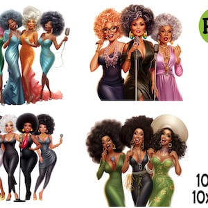 10 PNG Retro Diva Group PNG – Pacchetto di divertenti clipart di donne che cantano – Personaggi cantanti per decorazioni per feste, fai da te e inviti