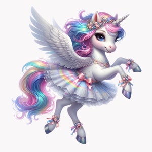 10 imágenes prediseñadas de unicornio bailarina, lindo pegaso con tutú y alas, arte de fantasía arcoíris para la decoración de habitaciones de niñas.