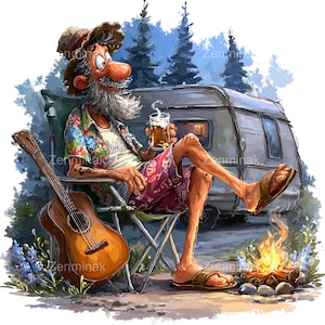 May include: Cartoon illustration of a man relaxing at a campsite. He is sitting in a folding chair, holding a pint of beer, and wearing a floral shirt and shorts. A guitar leans against the chair, and a campfire burns nearby. A caravan is in the background.