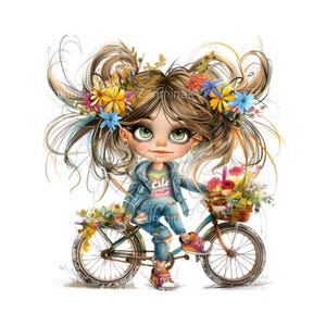 21 imágenes prediseñadas de niña en bicicleta, linda muñeca de ojos grandes con flores, paseo en bicicleta con flores de primavera, descarga digital caprichosa
