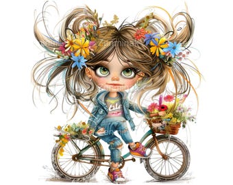 21 Bicycle Girl PNG Clipart, Cute Big Eyes Doll With Flowers