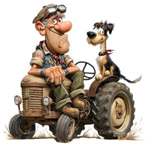 Peut inclure: Illustration de dessin animé d'un homme et d'un chien sur un vieux tracteur. L'homme, portant une casquette et des lunettes, est assis sur le tracteur, tandis que le chien est assis sur le pneu avant. Le tracteur est marron et le chien est noir, marron et blanc.