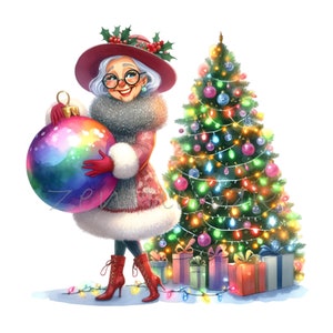12 PNG Funny Christmas Lady – Holiday Tree Clipart – Quirky Grandma with Ornament PNG for Cards, Crafts, Stickers, Sublimation Designs