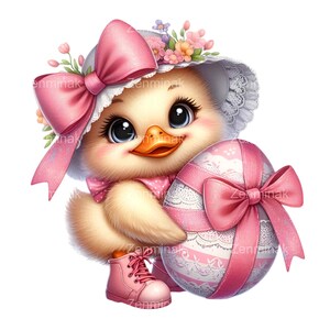 10 niedliches Entlein mit Schleife PNG Clipart - Frühlingshut, rosa Ei mit Spitzenband, Blumenmütze, süßer Babyvogel Kunst