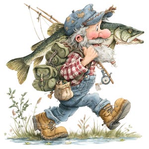 May include: A cartoon illustration of a fisherman running with a large fish and a backpack. He is wearing a plaid shirt, denim overalls, and a blue hat. The fisherman is running through a grassy area with a fishing rod and reel.