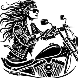 May include: Black and white illustration of a woman riding a motorcycle. She is wearing a leather jacket, a bandana, and sunglasses. The motorcycle has a large engine and a long, flowing exhaust pipe.