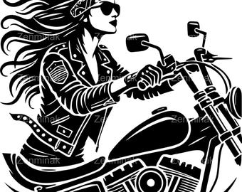 May include: Black and white illustration of a woman riding a motorcycle. She is wearing a leather jacket, a bandana, and sunglasses. The motorcycle has a large engine and a long, flowing exhaust pipe.