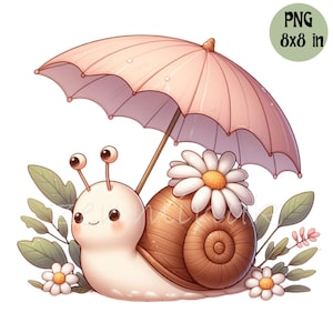 15 PNG mignon escargot PNG - escargot de jardin kawaii avec parapluie et marguerites - clipart de chambre de bébé de printemps pour baby shower, art mural pour enfants et travaux manuels