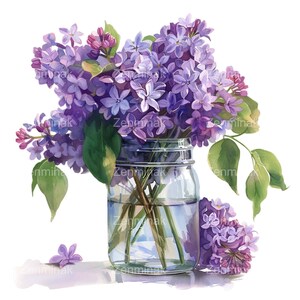 17 imágenes prediseñadas de lilas en acuarela (PNG): ramo de lilas moradas en frasco de vidrio. Arte floral primaveral para manualidades y sublimación.