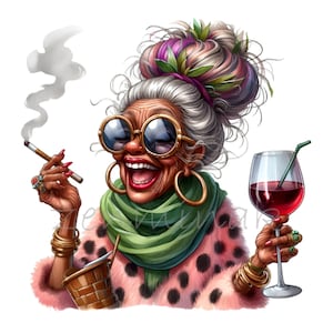 Leuke en eigenzinnige oudere dame clipart 14 png-stijlvolle senior vrouw met drankje en sigaret, kleurrijke sjaal en bril