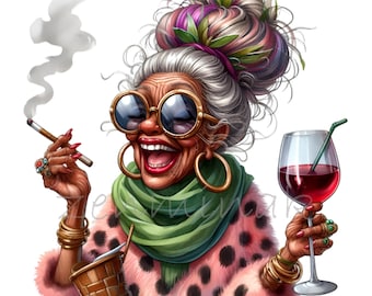 May include: A woman with grey hair and a pink and black spotted shirt is smiling and holding a glass of red wine and a cigarette. She is wearing large round sunglasses and gold hoop earrings.