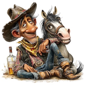 15 PNG Funny Cowboy and Horse Clipart – Relaxed Ranch Duo PNG – Quirky Man with for Stickers, Crafts, Sublimation, Cards