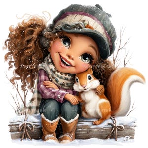 May include: A digital illustration of a smiling girl with curly brown hair, wearing a hat, scarf, and boots, hugging a squirrel. The girl is sitting on a wooden surface with snow, and the background is white with bare branches.