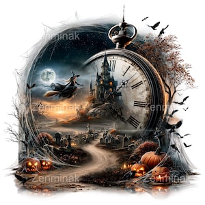 May include: A digital illustration featuring a large pocket watch frame containing a scene of a witch flying on a broomstick over a graveyard, a haunted castle, a full moon, and carved pumpkins. The design includes spiderwebs and flying birds.