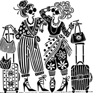 5 fichiers SVG voyage femmes mode SVG. Deux femmes portant des lunettes de soleil, des talons et des imprimés posent avec des valises à roulettes et des sacs à main
