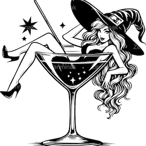 9 SVG heks in cocktailglas SVG – Halloween gesneden bestand voor Cricut met sterren, hoed en drankje – Fun Party heks clipart