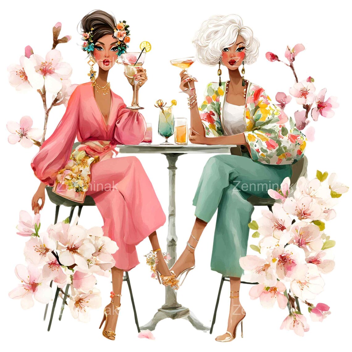 15 PNG Cocktail Ladies Clipart, Cherry Blossom, Party Women Drinking - Etsy
