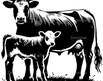 6 SVG Cow and Calf Cut File, Farm Animal Vector, Rustic Heifer Silhouette Design