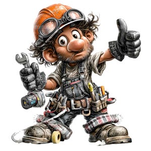 May include: Cartoon illustration of a construction worker wearing an orange hard hat, goggles, and work gloves. The worker is in denim overalls and a tool belt, holding a wrench and giving a thumbs-up. The image has a white background.