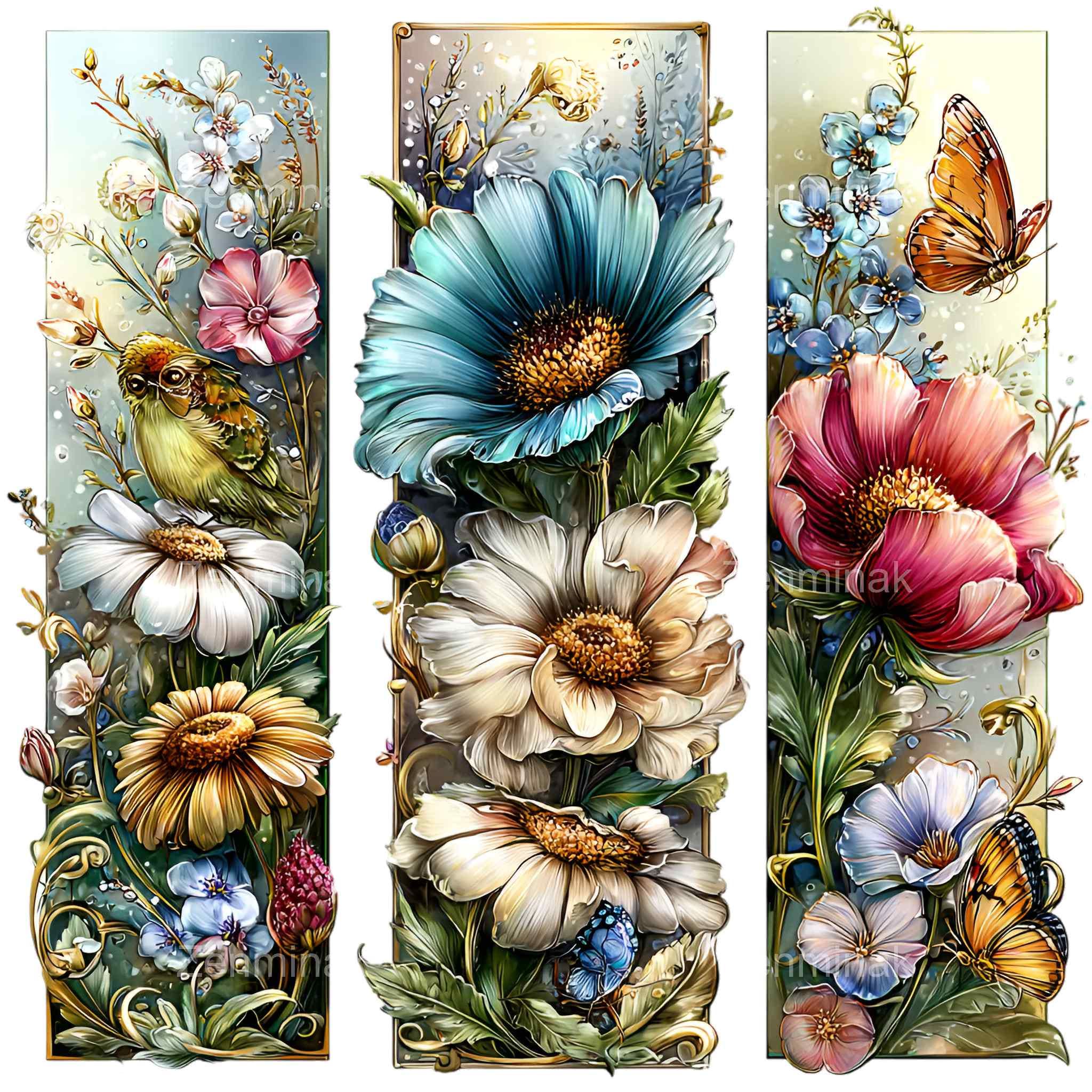 10 PNG Watercolor Flower Bookmark, Butterfly Mushroom Floral Botanical ...