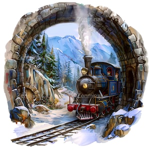 May include: Watercolor painting of a vintage steam train emerging from a stone tunnel into a snowy mountain landscape. The train is black and blue with red accents, and smoke billows from its smokestack. The scene is framed by the tunnel's arch.