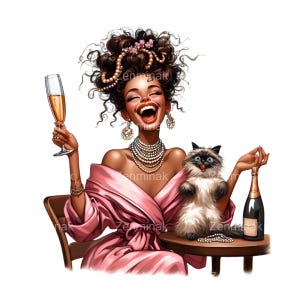 12 PNG divertenti ed eleganti dame con champagne e gatto clipart, celebrazione glamour PNG, illustrazione di festa di diva della moda, download di donne