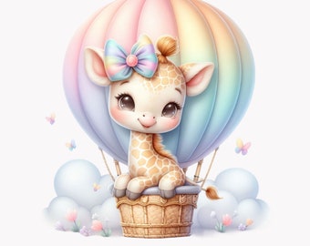 10 Żyrafa Balon na Ogrzane Powietrze Clipart Png, Pastelowa Tęczowa Kokarda Chmura Motyl