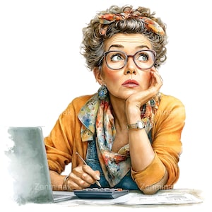 May include: Illustration of a woman with curly grey hair, wearing glasses, a scarf, and a yellow cardigan. She is looking up pensively while working on a calculator and laptop. A pen rests on the calculator.