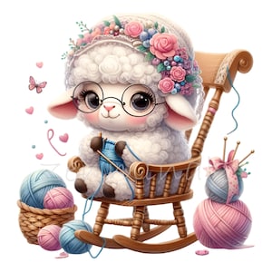 14 Clipart d'agneau en tricot PNG - Mignon mouton PNG avec de la laine dans une chaise à bascule - Art animalier fantaisiste pour projets créatifs et DIY