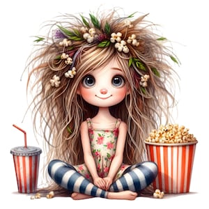 ポップコーンとソーダを持つ女の子、14 映画イラスト PNG 昇華印刷、子供向けアートプリント