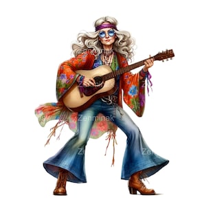 14 Hippie Woman PNG che suona la chitarra PNG Clipart, Illustrazione di moda retrò anni '70, Abito floreale, Stile festival musicale, Download digitale