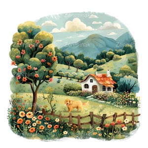 15 PNG Primavera Campagna PNG – Cottage in prato fiorito con cane, tranquillo paesaggio montano, clipart natura stravagante per arredamento fattoria