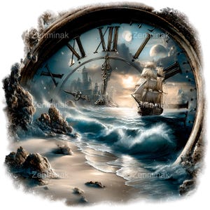 Può includere: Un orologio da parete circolare con cornice in metallo scuro e numeri romani. Il quadrante mostra una scena surreale con un veliero su onde turbolente, una costa rocciosa e un castello in lontananza sotto un cielo al chiaro di luna.