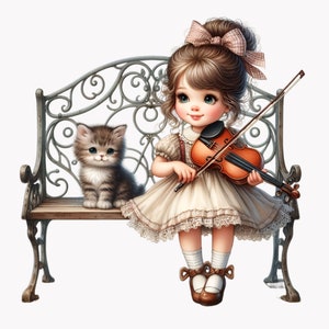 10 PNG de niña tocando el violín: PNG de una linda niña tocando el violín con un gatito. Escena de banco vintage para manualidades infantiles y proyectos musicales.