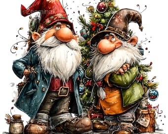15 imágenes prediseñadas PNG de pareja de gnomos viejos, sublimación de hombre barbudo con árbol de Navidad