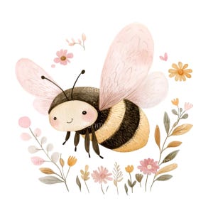 12 graziosi clipart PNG di api, bombo sorridente con ali rosa e fiori di campo in morbido stile acquerello pastello