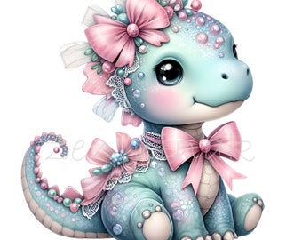 10 PNG Söt dinosaurie – Babydinosaurie PNG – Kawaii pastellfärgade clipart med rosetter för barnrumstryck, babyshowerdekorationer och barnpyssel