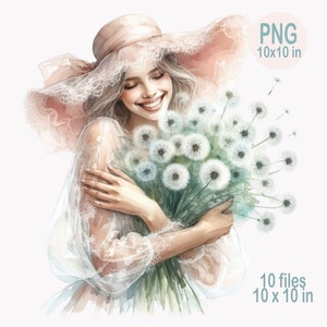 10 elegantes mujeres PNG con dientes de león Clipart PNG, arte romántico de acuarela, dama vintage con ramo de flores