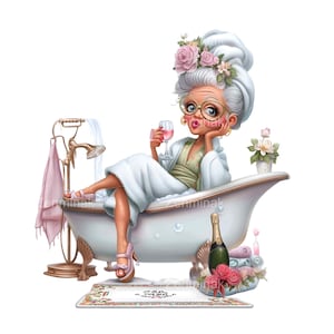 15 PNG Funny Granny Clipart, Elderly Woman Bath Illustration With Wine, Humorous Senior Lady