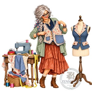 15 Sewing Woman Floral Vest Mannequin Machine Png, Seamstress Craft Studio Art