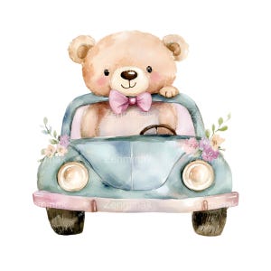 31 Acquerello Orso PNG Guida Auto D'epoca Clip Art, Baby Shower Design Digitale PNG, Simpatico Orso con Papillon e Fiori