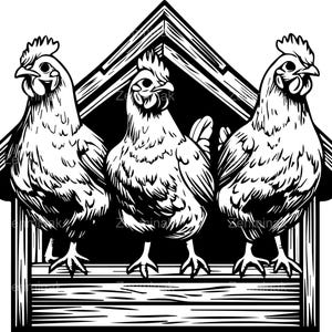 4 SVG Tre polli in un pollaio SVG – File di taglio silhouette di pollaio – Clipart di animali da fattoria per cartelli da cucina, decorazioni da giardino e artigianato fai da te