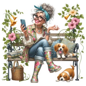 以下が含まれることがあります： メガネをかけた白髪の女性が、花柄のジャケットとジーンズを着てベンチに座っているイラスト。彼女は携帯電話と本を持っており、近くには2匹の小さな犬がいます。女性は花柄のレインブーツを履いています。花とつるがシーンを囲んでいます。