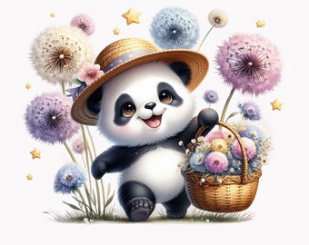 10 PNG Panda Bear Clipart, Spring Dandelion Flower Art, Panda with Basket Design