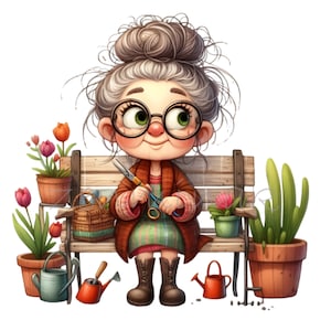 Senior Lady Funny Gardener 12 PNG Old Woman Comics Cartoon Illustration ...