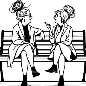 Archivo de corte SVG de 5 mujeres charlando, imágenes prediseñadas de mujeres elegantes en un banco, silueta de conversación de amistad, arte digital social elegante