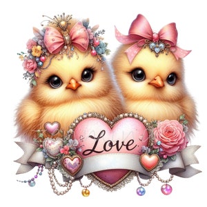 10 cliparts PNG amour poussins, jolie paire de poussins jaunes avec des noeuds, des fleurs, des coeurs et des perles dans un style romantique